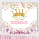 Lofaris Pink and White Floral Golden Crown Birthday Backdrop